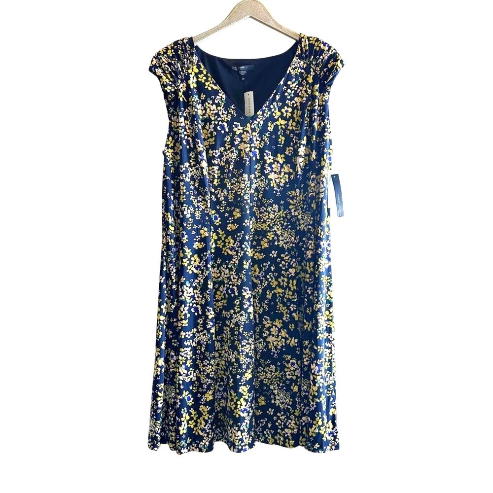 Maggy London Floral Print V Neck Dress Navy Blue & Yellow NEW